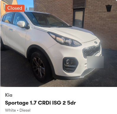 Redacted capture supplied for this case study, dated 15 October 2026: the Kia Sportage listing is marked Closed. Registration blurred. This is not a screenshot from the original submission or auction day.